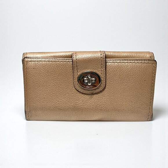 Coach Gold Leather Trifold Wallet With Snap Closure & Card Slots - Picture 2 of 11